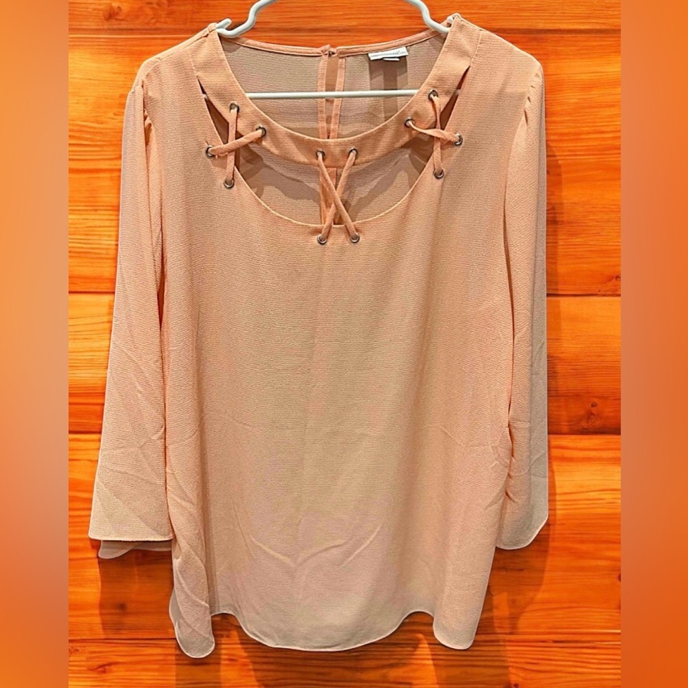 Avenue Women's Beige Blouse with Lace-Up Neckline 18/20